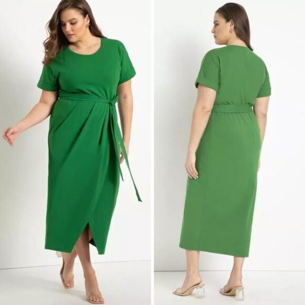 NEW Eloquii green cotton knit Wrap‎ Skirt tie waist midi Dress, 16 - Picture 2 of 16